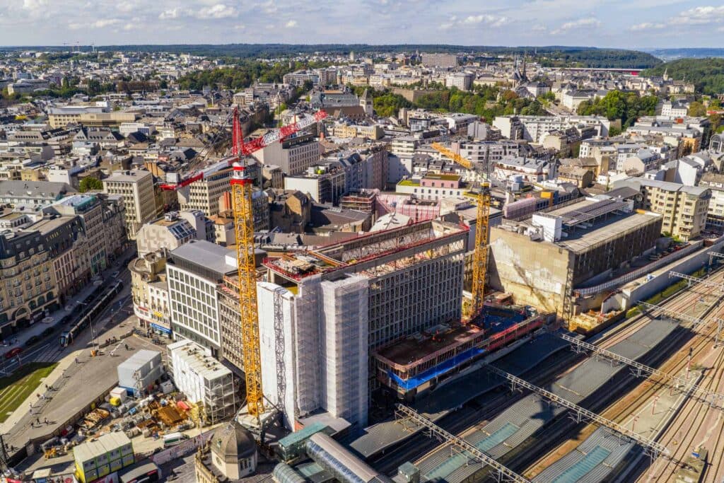 Drone photography Luxembourg: aerial city development construction cranes