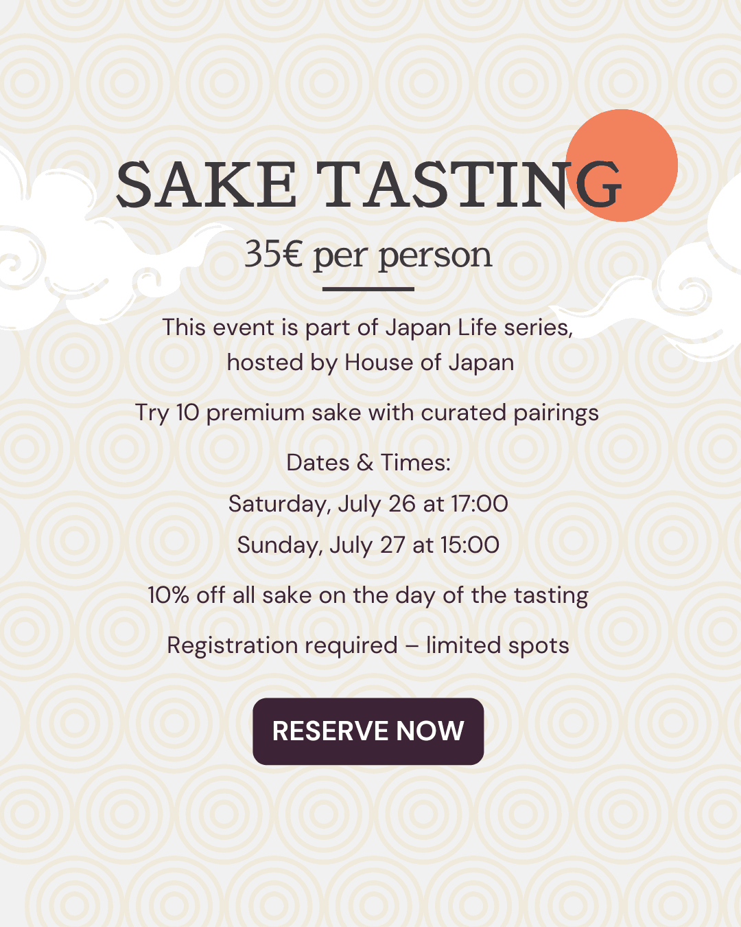 Sake Tasting flyer — 35€ per person, July 26–27
