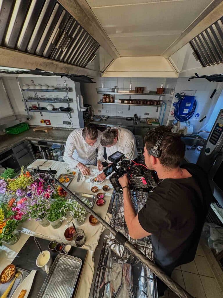 Behind the scenes of a RAK Porcelain brand video shoot in Luxembourg, filming chefs plating dishes